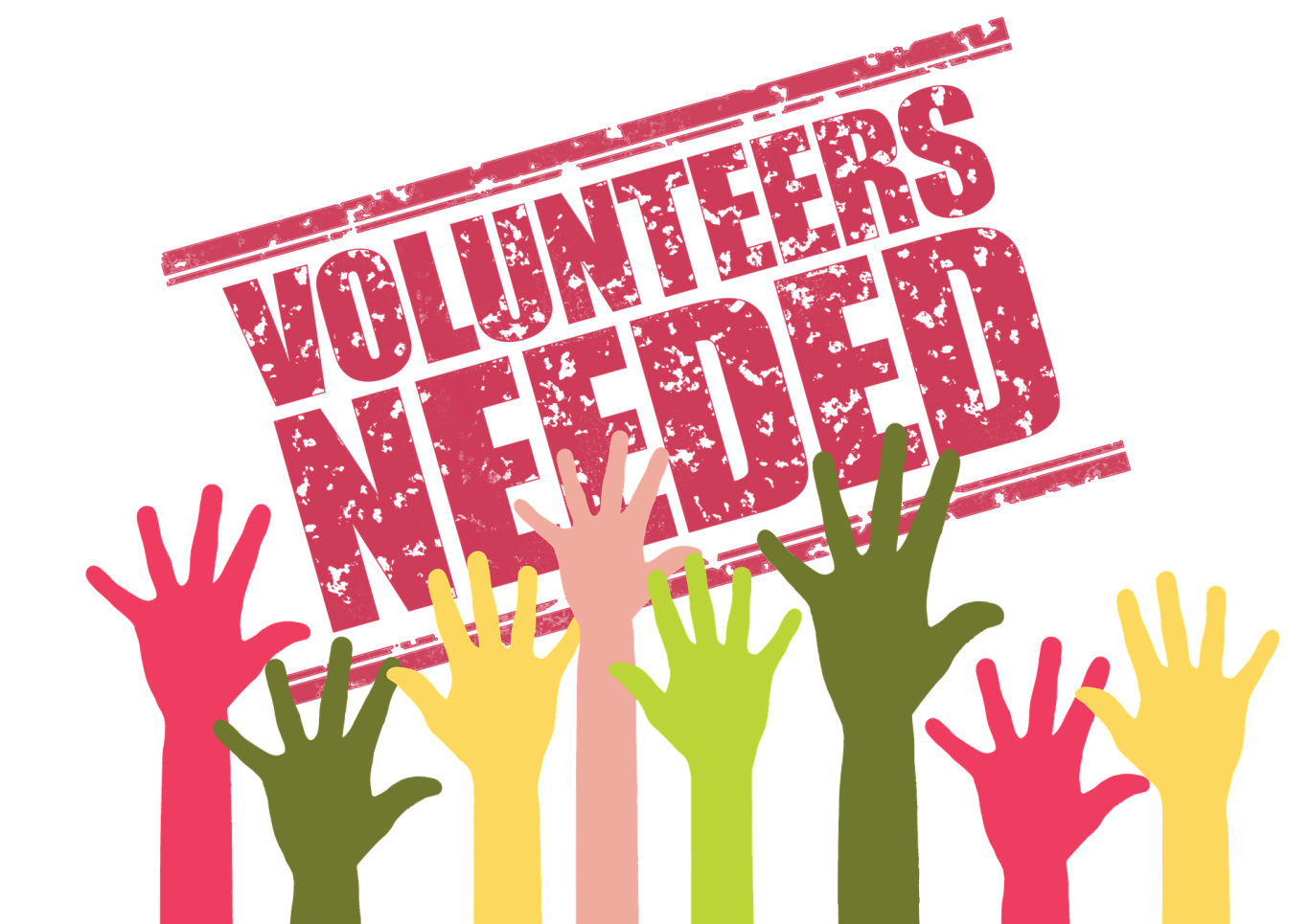 Volunteers Hände in verschiedenen Farben heben sich mit dem Text "Volunteers Needed".