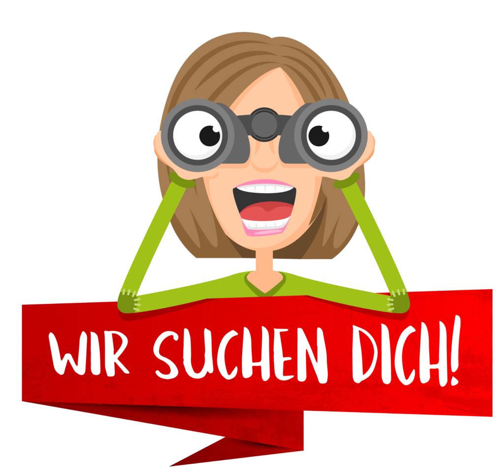 Fröhliche Person mit Fernglas und einem Banner „WIR SUCHEN DICH!“.