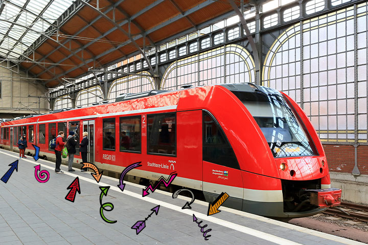 Bernoulli Effekt Roter Zug an einem Bahnhof mit Passagieren und bunten Grafiken im Vordergrund.