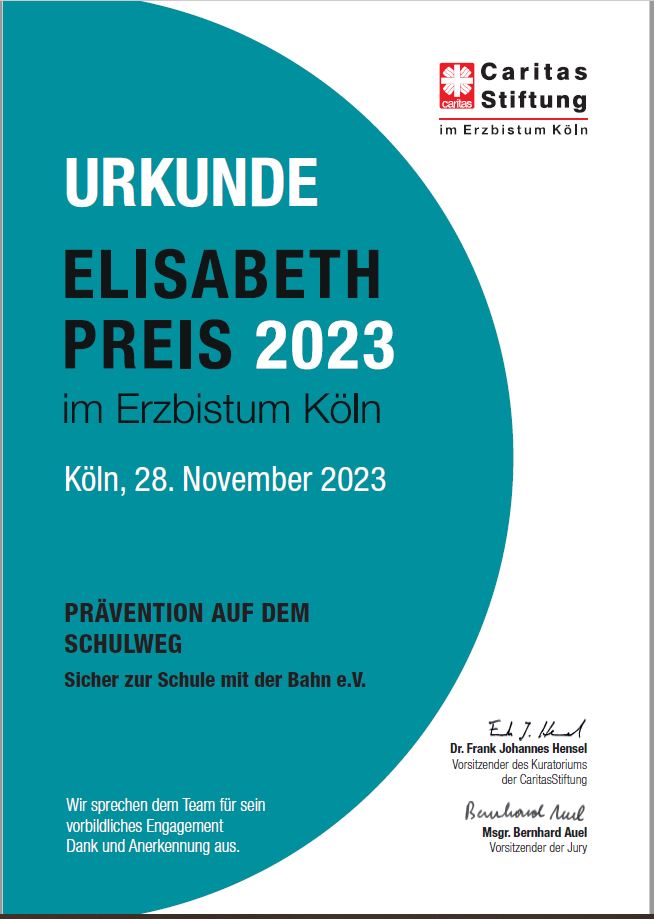 Urkunde für den Elisabeth Preis 2023 im Erzbistum Köln, datiert auf den 28. November 2023.